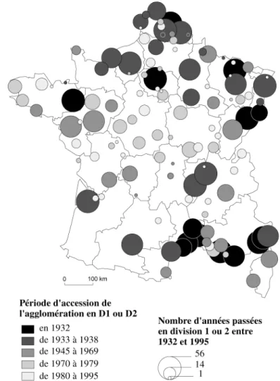 Figure 5.2. Un exemple de diffusion qui associe proximité et canal hiérarchique : la diffusion du football de haut niveau (1932-1995), d’après [RAV 98]