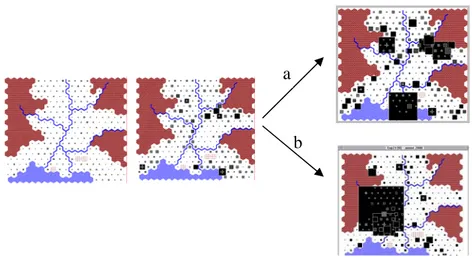 Figure 7.3. Extraits de simulations avec le modèle SimPop : émergence de deux  configurations différentes du système de villes 