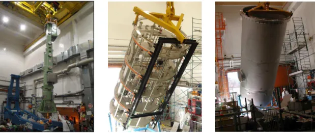 Figure 4. Handling cask inside the reactor (left), support structures for the new CABRI water loop  (center) and pressurized water loop vessel (right) 