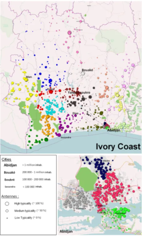 Fig. 3: Twenty clusters displayed on Ivory Coast map. There is one color per cluster.