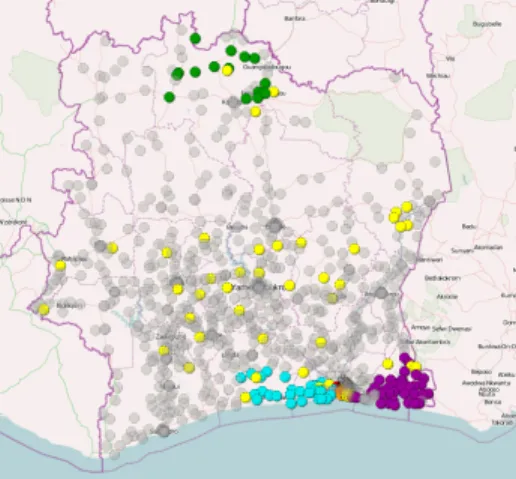 Fig. 5: Antennas activity clusters pro- pro-jected on Ivory Coast map. Colored  clus-ters show inactivity periods while grey clusters indicate antennas whose traffic is complete over the period.