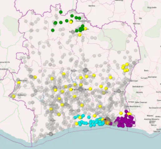 Fig. 5: Antennas activity clusters pro- pro-jected on Ivory Coast map. Colored  clus-ters show inactivity periods while grey clusters indicate antennas whose traffic is complete over the period.