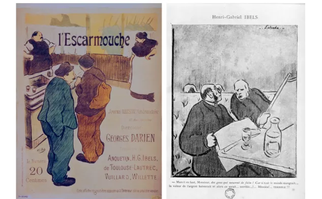 Figure 4 . A gauche : Henri-Gabriel IBELS. Affiche de librairie pour L'Escarmouche. 1893