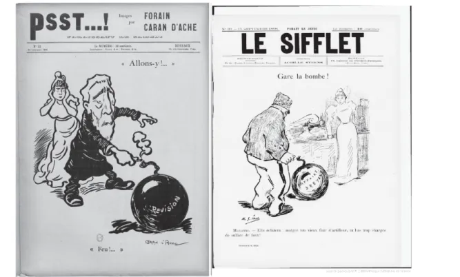 Fig. 6. A gauche : Caran d'Ache. Couverture du Psst...!. N°32, 10 septembre 1898. A droite : Henri-Gabriel  IBELS