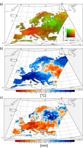 Fig. 3. The spatial pattern of the temperature and water balance anomalies through the growing season 2003 over Europe relative to baseline (1998–2002)