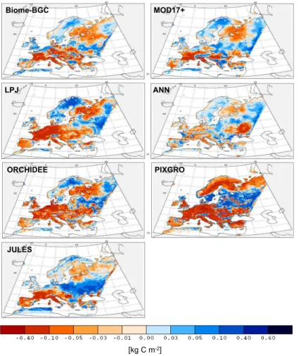 Fig. 4. Anomaly in net ecosystem production in 2003 relative to baseline (1998–2002). Red areas show reduction in NEP