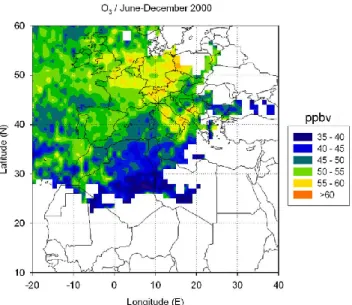 Fig. 9. Concentration field for ozone (ppbv) as obtained by the trajectory statistical analysis, June–December 2000.