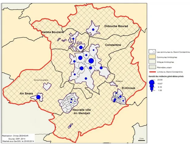 Figure 3. Distribution des médecins généralistes au sein de l’agglomération de Constantine en 2016