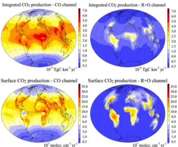 Figure 1. Horizontal distribution of the annual mean in situ CO 2 production rate for (left) the CO channel and (right) the R+O channel