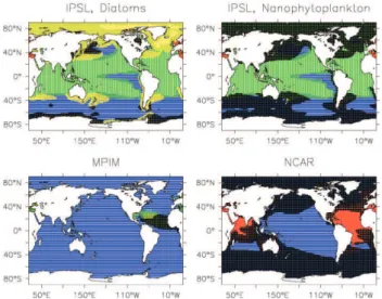 Fig. 5. Maps of variables limiting phytoplankton growth in the models. Blue: iron; red: PO 3− 4 ; green: NO −3 ; yellow: silicate;