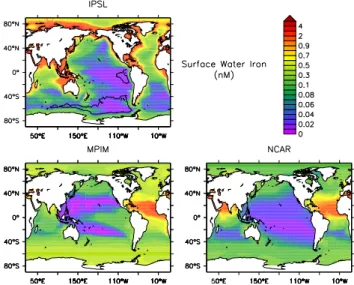 Fig. 13. Maps showing annual average surface water iron concen- concen-trations. The contour lines for IPSL mark those areas where during the 20-year period iron concentrations are lower or equal 0.01 nM, at least during one month, which means in those are