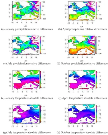 Fig. 7. Monthly maps of (a–d) relative di ff erences and (e–h) absolute di ff erences (with re- re-spect to present) between GAM downscaled LGM values (from geographical predictors and CLIMBER SLP for precipitation and from geographical predictors and CLIM