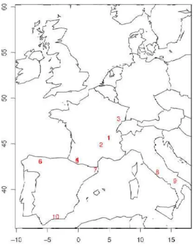 Fig. 8. Locations of the 10 reconstructed LGM data in Western Europe whose the values have to be compared to our GAM downscaled values.