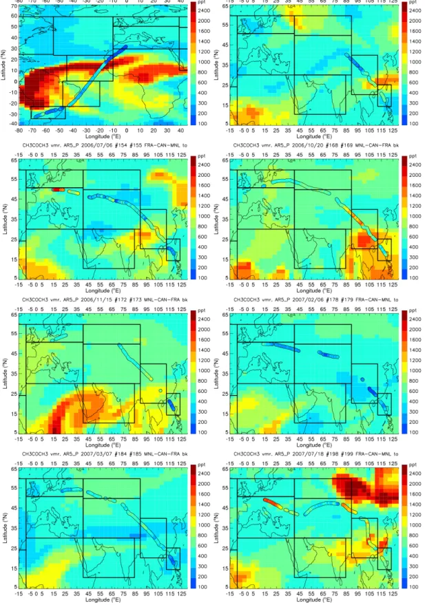 Fig. 2. Acetone vmr (pptv) along the flight track, acquired onboard the CARIBIC passenger aircraft for several flights in 2006 and 2007, superimposed on maps of daily averaged acetone vmr simulated at 238 hPa by LMDz-INCA.