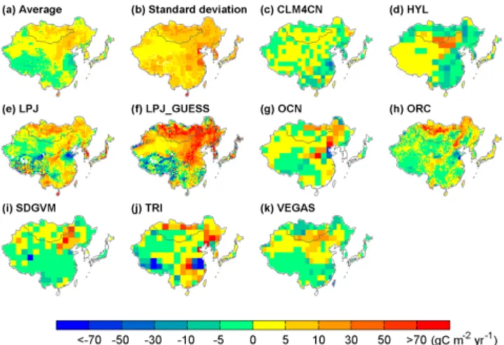 Fig. 4. Nine ecosystem models simulated spatial patterns of net ecosystem carbon balance attributed to climate change (obtained from the difference between simulation S2 and S1) during the  pe-riod 1990–2009