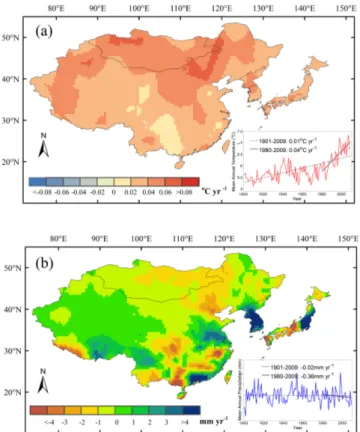 Fig. 2. Climate change in East Asia. (a) Spatial pattern of trend in mean annual temperature (MAT) from 1970 to 2009