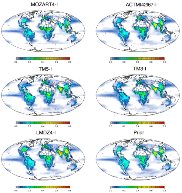 Figure 5. Maps of annual mean posterior and prior N 2 O flux (gN m −2 yr −1 ) for 2006–2008.