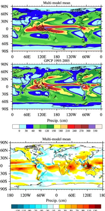 Fig. 5. Top: multi-model annual precipitation from the 2000 time slice experiment. Middle: annual precipita- precipita-tion from GPCP