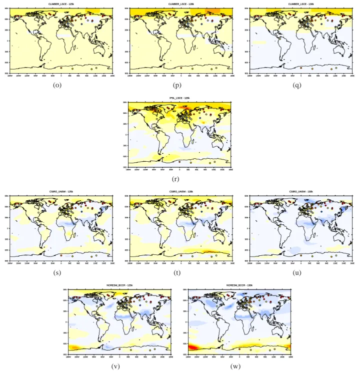Fig. 5. Continued. (o) CLIMBER LSCE 125 k, (p) CLIMBER LSCE 128 k, (q) CLIMBER LSCE 130 k, (r) IPSL LSCE 126 k, (s) CSIRO UNSW 125 k, (t) CSIRO UNSW 128 k, (u) CSIRO UNSW 130 k, (v) NORESM BCCR 125 k, (w) NORESM BCCR 130 k.