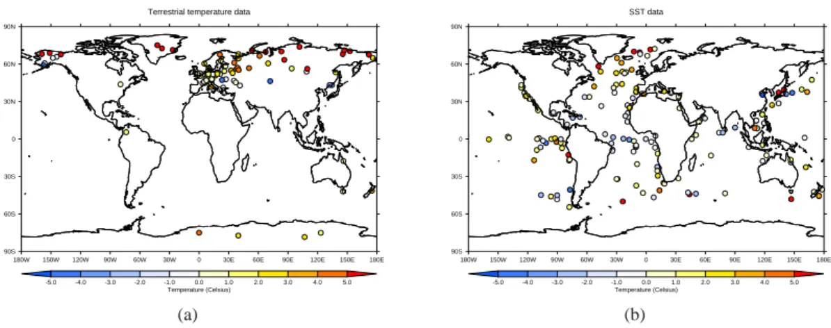 Fig. 3. Data compilation of Turney and Jones (2010), showing the LIG temperature anomaly relative to modern (1961–1990) for (a) terrestrial temperatures (100 sites) and (b) SSTs (162 sites).