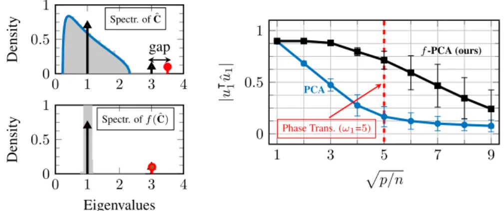 Figure 1: (Left) Spectrum of C ˆ (up) and f ( ˆ C) (bottom) for p = 2048 and n = 7500
