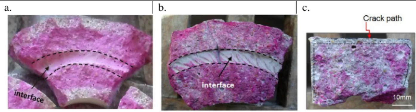 Fig. 2. Evolution of carbonation at steel bar-mortar interface: a) M5 sample  ;  b) M2 sample, c) Carbonation  depth of M2 perpendicular to the crack face