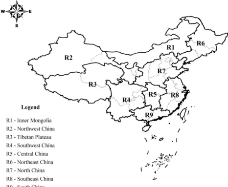 Figure 1. Spatial distribution of the studied sub-regions (R1–R9) in China. The names and numbering of the regions are shown in the legend