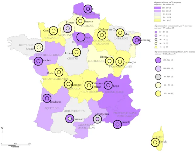 Figure 1 |  Dépenses des régions, des communautés et des ensembles métropolitains, 2012.