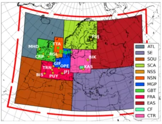 Fig. 1: Spatial extension of the simulations with the CTM CHIMERE: observation sites marked by yellow diamonds and white legends; the leak position in the northern part of the North Sea is pointed by the green pentagon