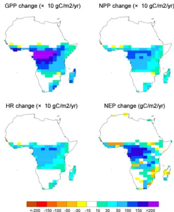 Fig. 1. Climate change (2090s relative to 1860s) simulated with the IPSL-CM4-LOOP coupled model over Africa