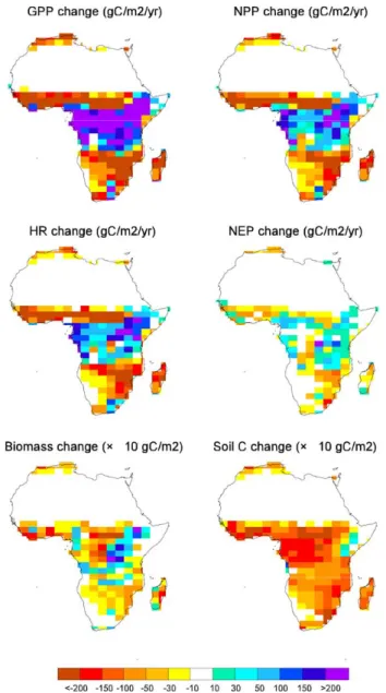 Fig. 4. Time evolution of cumulated change in NEP from IPSL- IPSL-CM4-LOOP coupled (in black) and uncoupled (in red) simulations over (a) the Africa continent, (b) the African rainforest, (c) the African savannah, and (d) the African grasslands
