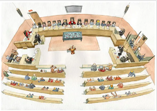Illustration utilisée pour le jeu pédagogique de l'exposition virtuelle Traits de Justice, Bibliothèque du Centre Pompidou (http://traitsdejustice.bpi.fr) 1 .