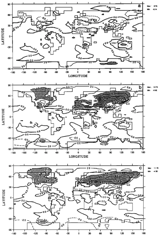 Figure 6.  September  air temperature  differences  between  (a) 126 kyr B.P. classical  means  and present,  (b)  126 kyr B.P