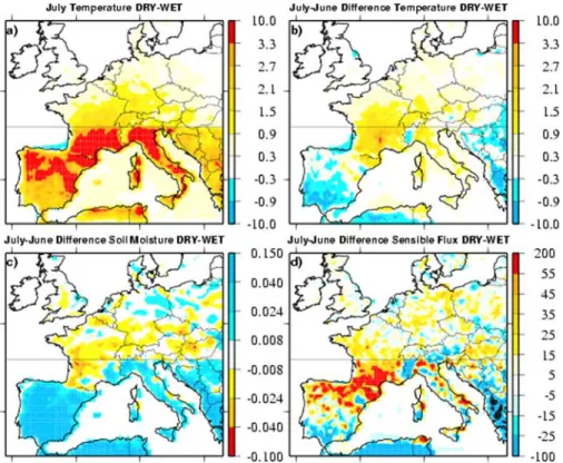Figure 3. Results of the twin simulations (‘‘dry’’ and ‘‘wet’’) of summer 1994 using the MM5 mesoscale model