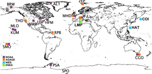 Figure 1. Locations of the stations measuring HCFC-22 dry air mole fraction.