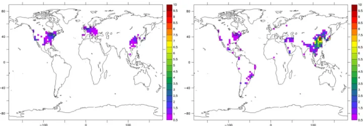 Figure 3. Prior HCFC-22 emissions for (left) 1995 and (right) 2010 prepared for this study, at the grid resolution, in Gg/yr.