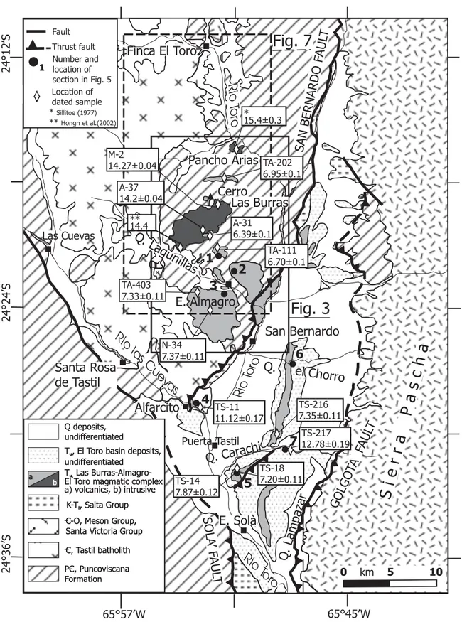 Figure 2. Geological map of the Las Burras–Almagro–El Toro magmatic complex and the El Toro basin, showing  location of dated samples (ages in Ma) and stratigraphic sections