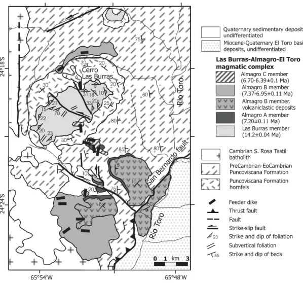 Figure 3. Geologic map of  the Las Burras–Almagro  Range, showing the  rela-tions between the basement  rocks and the Las Burras–