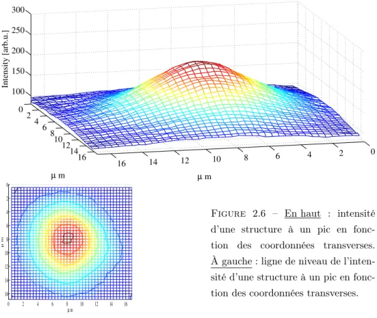 Figure 2.6 – En haut : intensité d’une structure à un pic en  fonc-tion des coordonnées transverses.