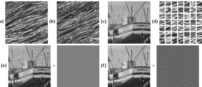 Figure 1. (a) Known texture u ˜ 2 , (b) texture to extract u 2 , (c) input image to decompose f = u 1 + u 2 , (d) learned dictionary D 2 , (e) decomposition using translation invariant wavelets D 1 = D W and a cosine dictionary D 2 = D C , (f ) decompositi