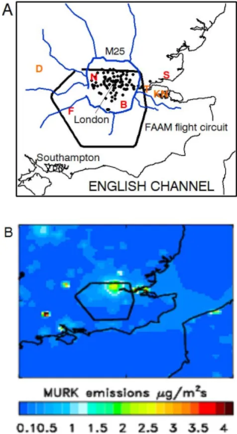 Fig. 1. Maps of south-eastern England showing: (a) location of the major motorway network (blue lines), London Air Quality  Net-work observing sites (black circles), the main FAAM London  cir-cuit flight track (black line), the locations of three large coa