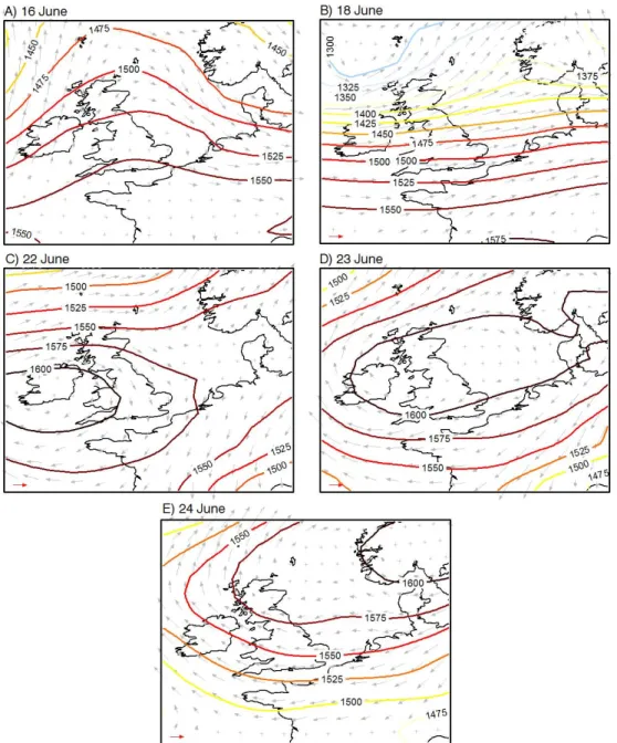 Fig. 2. Maps showing geopotential height and winds from the ERA Interim ECMWF re-analysis at the 850 hPa pressure level at 12:00 UTC for each flight day