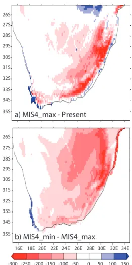 Figure 8. Annual precipitation (mm yr −1 ) simulated by IPSL_CM5A and downscaled to 0.16 ◦ for (a) MIS4_max–present, and (b) MIS4_min–MIS4_max.