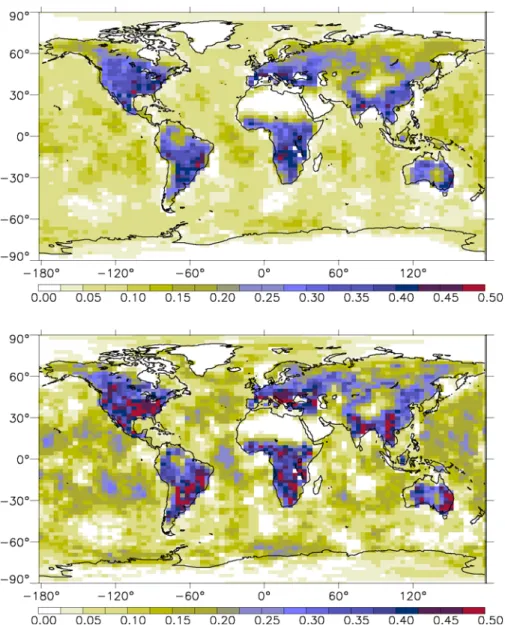 Figure 2 displays the global map of the estimated uncer- uncer-tainty reduction achieved by the analysis for 8-day fluxes and monthly fluxes