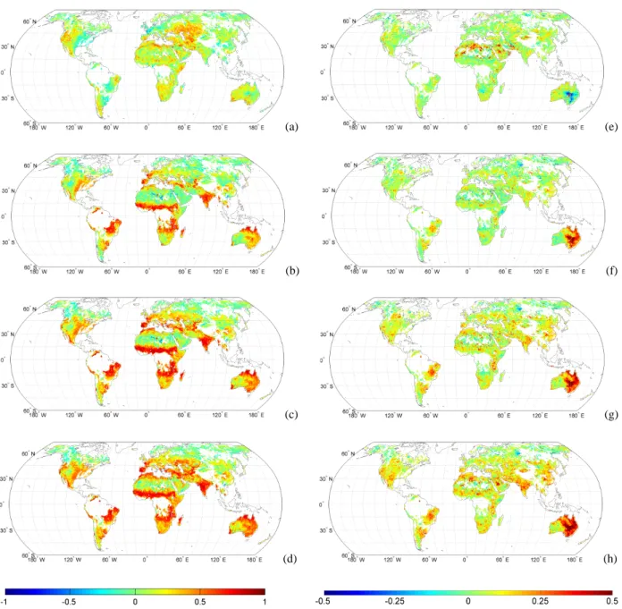 Fig. 1. (a)–(d): Global correlation coefficient maps of AMSR-E (LPRM) versus the ORCHIDEE soil moisture parameters SHALLOW SM, DEEP SM, TOT SM and ROOT SM for the time period 2002–2010