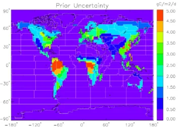 Fig. 1. Prior uncertainty of weekly fluxes in g C m −2 d −1 . The white lines show the borders of the 200 regions for which the surface fluxes are retrieved.
