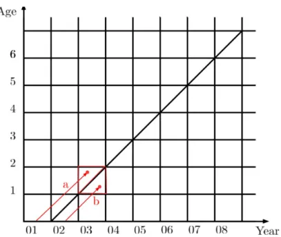 Figure 1 presents deaths by year and age. They may be split into two triangles for a single year, known as Lexis triangles