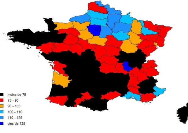 Graphique 6. Rapports entre les revenus fiscaux par adulte de chaque département et la moyenne des  revenus fiscaux par adulte des 90 départements en 1922