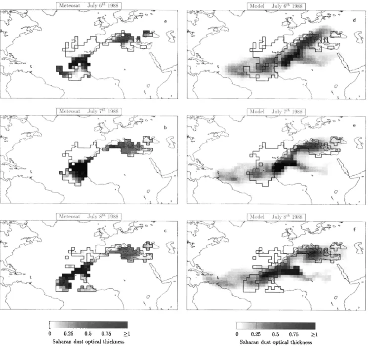 Figure  1. (a-c) Dust optical thickness  (at 550 nm) fbr marine cloud-free  area from satellite observations  averaged  within the model grid