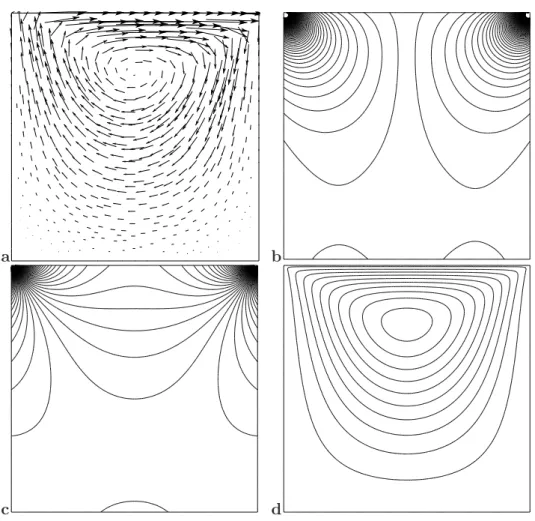 Fig. 5.11 – (a) Vecteur vitesse u. (b) Lignes de niveaux de la pression p. (c) Lignes de niveaux de la vorticit´e ω